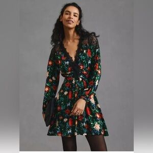 Anthropologie Lacy V Neck Floral Lace Trim Dress